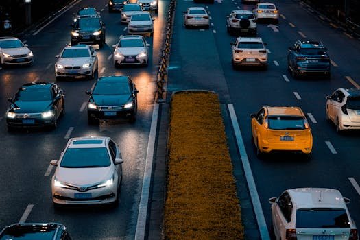 Traffic flows steadily on a bustling highway in Chengdu, China, capturing the city's evening commute.