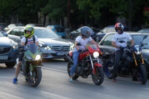 traffic, motorcyclists, men, helmet, motorcycles, motorbikes, waiting, crossing, street, cars, urban, vehicles
